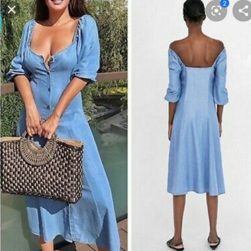 Zara Chambray Off Shoulder Midi Dress Bell Sleeves |Size XS | Bloggers Favorite - Picture 4 of 12